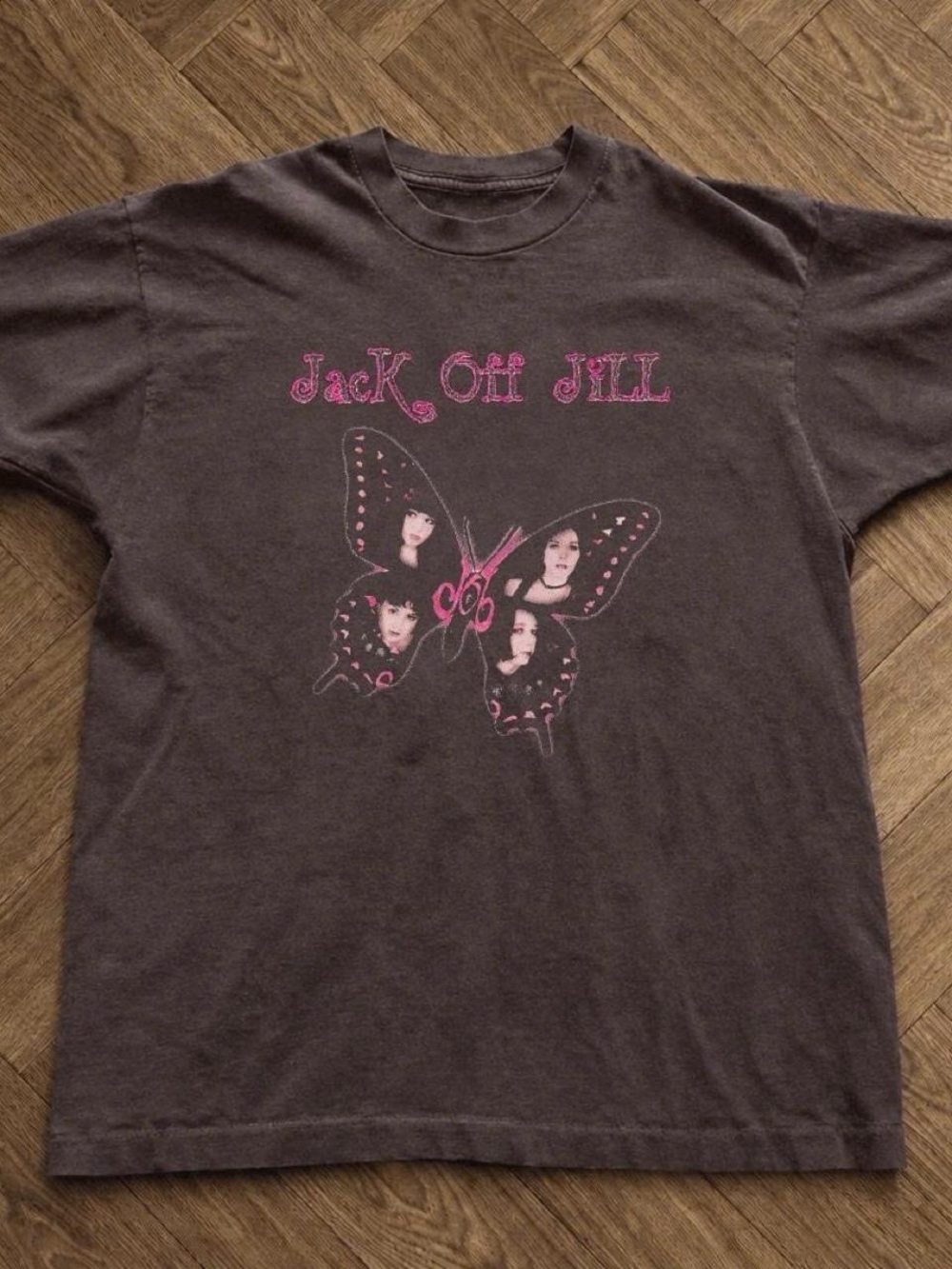 Gildan Brown Short Sleeve Tee with Pink Butterfly Graphic